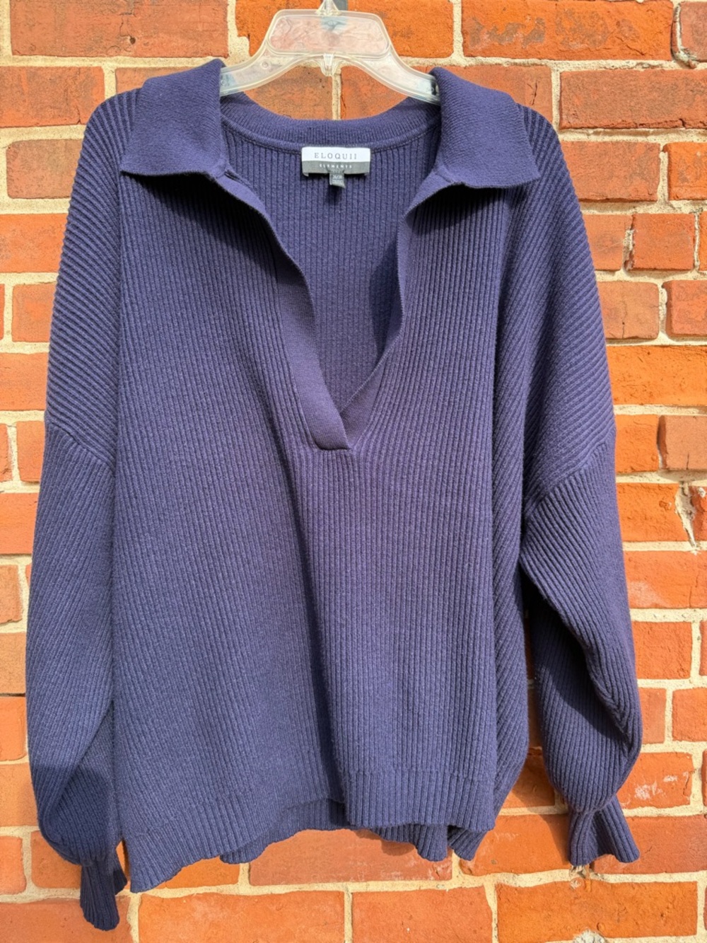 Eloquii Deep Navy Ribbed V-Neck Collared Sweater